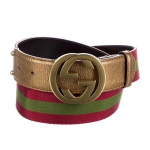 ♥️💚 Gucci Red Green Striped Belt with Gold Leather and Gold GG Buckle